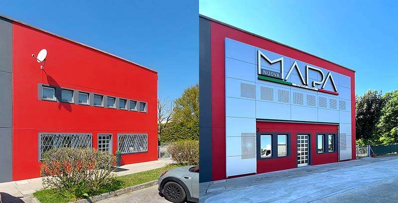 Rivestimento facciata in alluminio con insegna scatolata integrata Nuova Mapa a Bologna